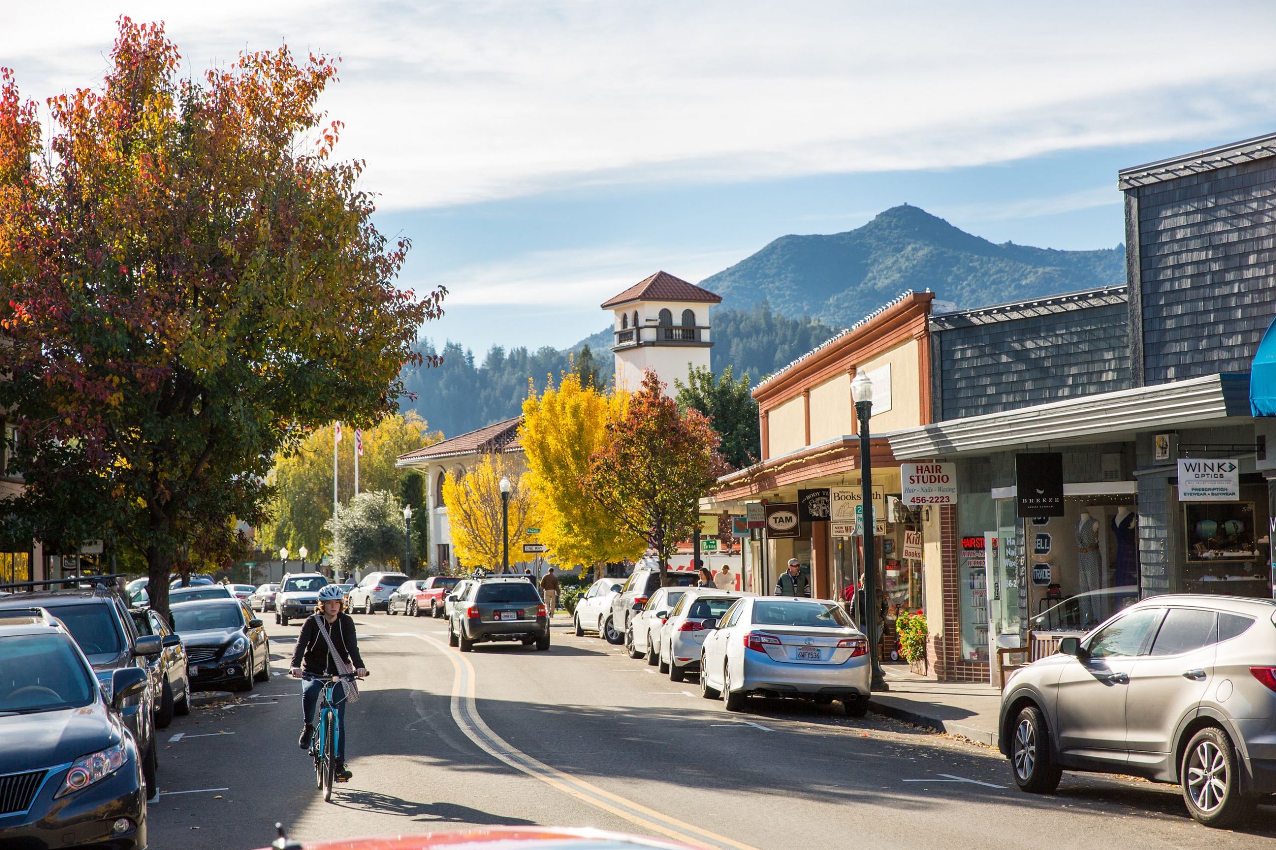 Downtown San Anselmo full of restaurants, shops, cafes and a Yoda statue